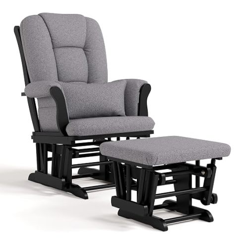 Storkcraft Tuscany Glider and Ottoman with Lumbar Pillow, White/Taupe Swirl