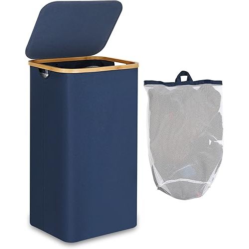 Laundry Hamper with Lid, 100L Tall Laundry Basket with Bamboo Handles for Clothes and Toys, Collapsible Laundry Hamper with Inner Bag for Bedroom and Bathroom, Blue