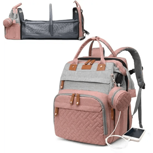 Baby Diaper Bags with Changing Station, Waterproof Diaper Bag Backpack for Moms Dads with USB Charging Port, Baby Shower Gifts, Large Capacity diaper backpack, Grey Pink