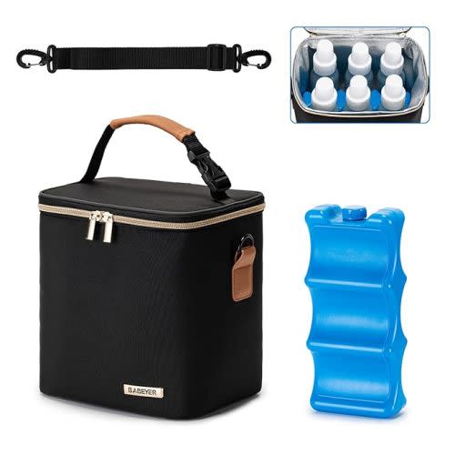 Breastmilk Cooler Bag with Ice Pack Fits 6 Baby Bottles Up to 9 Ounce, Baby Bottle Bag with Shoulder Strap for Nursing Mom Daycare, Cream