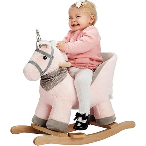 Rocking Horse with Chair, Pink Unicorn Pony Rocker with Realistic Unicorn Music. Rocking Animal. Wooden Rocking Horse Baby Animal Rocker,CPC Certified