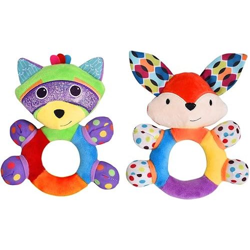 Teething Rattle Toys, Infant Girl Boy Learning Toy Newborn Soft Handbell Grab Shaker Crinkle Squeaky Sensory Travel Accessories for 0 3 6 9 12 Months Old