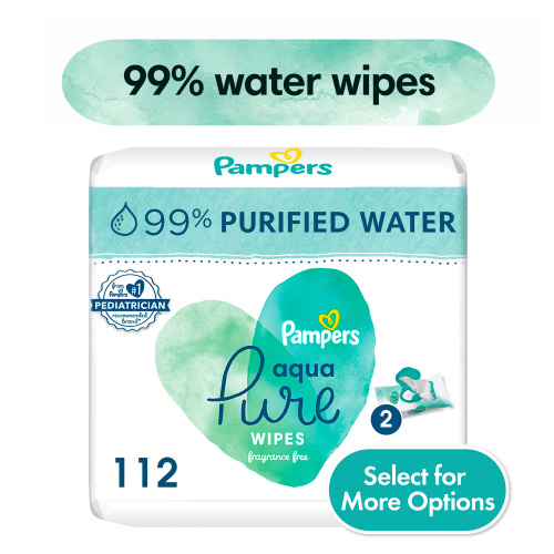 Pampers Aqua Pure Baby Wipes, 99% water, Unscented, 2-Pack 112 Wipes (Select for More Options)