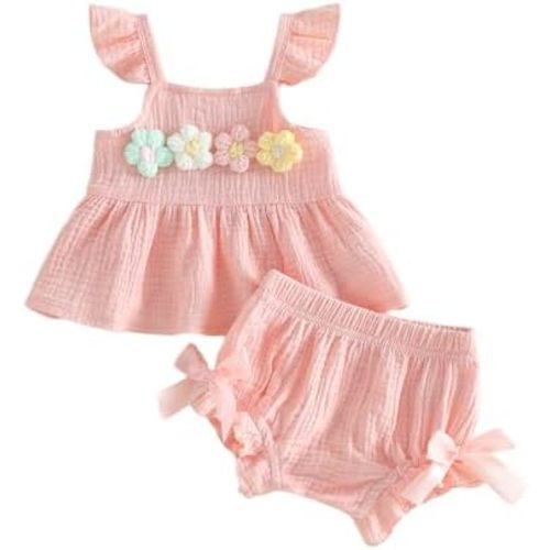 Newborn Girl Clothes Baby Summer Outfit 3D Floral Fly Sleeve Ruffle Tank Tops Matching Cute Bow Shorts Outfits Set