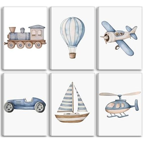 Vintage Baby Boy Nursery Wall Art Blue Transportation Car Airplane Painting Picture Wall Decor Toddler Vehicle Train Boat and Hot Air Balloon Poster Print Artwork for Kids Boys Room Bedroom Decorate