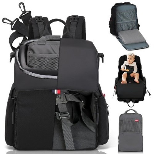 GillyGro Diaper Bag Backpack Set with In-built Booster, Roll-out Changing Pad, Organizer Insert, Extra Shoulder Strap - Black