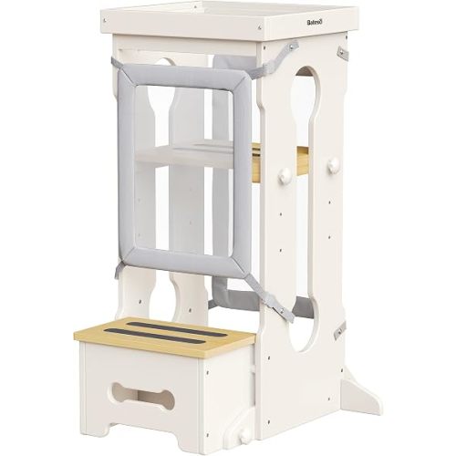 Bateso Toddler Tower for Kids 1-3, Adjustable Wooden Toddler Standing Tower with Detachable Nets & Support Feet, Kitchen Step Stool with Anti-Slip Mats for Nursery