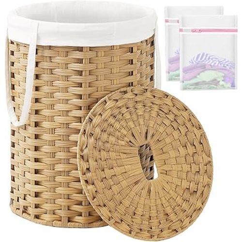 Laundry Hamper with Lid Laundry Basket with Lid 19.0 Gal (72 L) Round Wicker Laundry Basket Handwoven Rattan Hamper Removable Bag 2 Mesh Bags Handles for Living Room Bathroom Natural