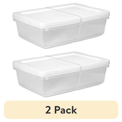 (2 pack) Sterilite Set of (2) Small Storage Bin, 28 Quart Clear Plastic Storage Container with Snap-On Lid, White