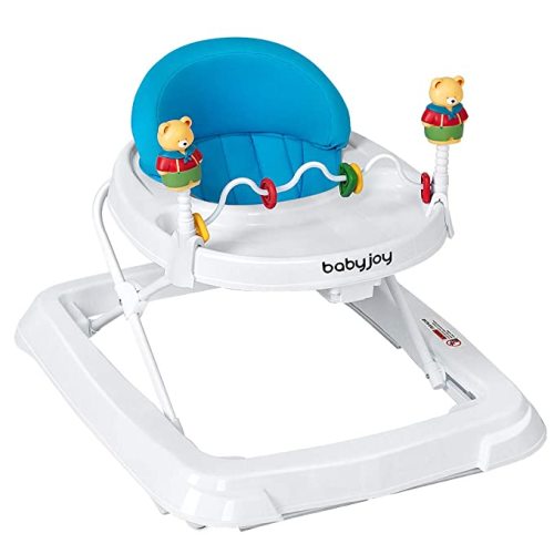BABY JOY Baby Walker, Foldable Activity Walker Helper with Adjustable Height, Baby Activity Walker with High Back Padded Seat & Bear Toys, Blue