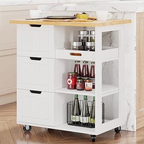 Shintenchi Kitchen Island Cart with Storage,Rolling Kitchen Island Storage Cabinet,Side Table on Wheels with Worktop,3 Open Shelves and 3 Drawers for Kitchen,Dinning Room, White