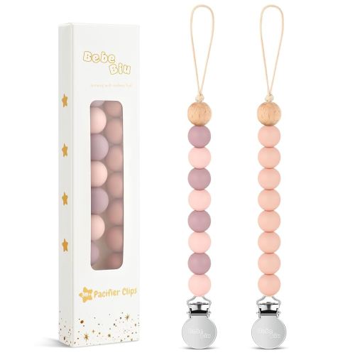 BebeBiu 2 Pack Pacifier Clips, Silicone Pacifier Clip for Baby Boys and Girls, Baby Pacifier Strap with Silicone Beads, Pacifier Holder, Keeps Pacifier Clean (Mauve/Muted)