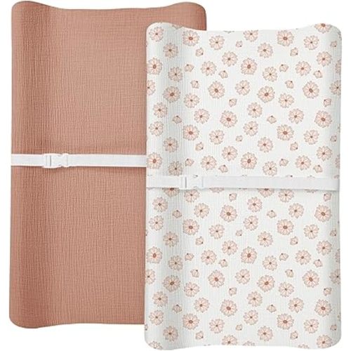 Changing Pad Cover for Baby Boy Girl 2 Pack, Muslin Changing Table Pad Covers with Boho Style, Neutral Nursery Bedding Essentials Soft and Breathable(Dusty Rose & Flower-A)