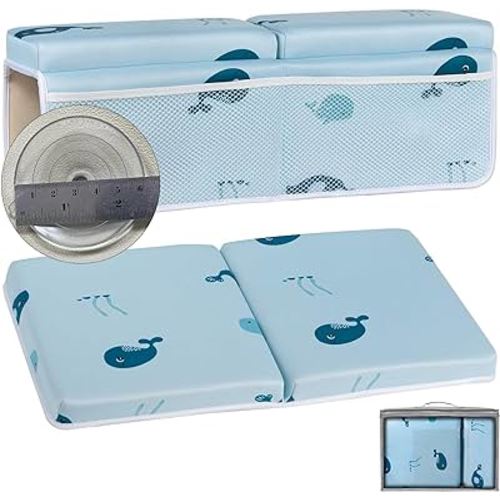 Baby Bath Kneeler and Elbow Rest Pad Set, Comfortable Bath Kneeler Pad with Organizer Pocket, Non-Slip Bathtub Kneeling Pad for Baby/Toddler Bathing Painless Memory Foam, Upgrade Suction Cups