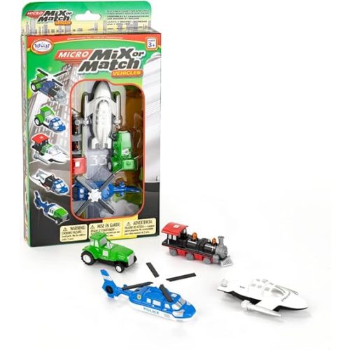 Popular Playthings Micro Mix or Match Vehicles Deluxe Set of 4 Toy Train, Toy Spaceship, Toy Tractor, & Toy Helicopter Multicolor