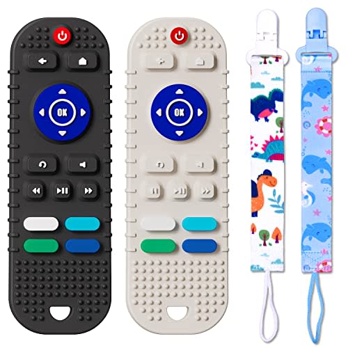 Mgtfbg 2 Pack Soft Silicone Teething Toys for Toddlers, Babies, Boys, Girls, 6-12 Months Baby Remote Control Shape Molar Teether Chew Toys Set Gift(Black+Grey)
