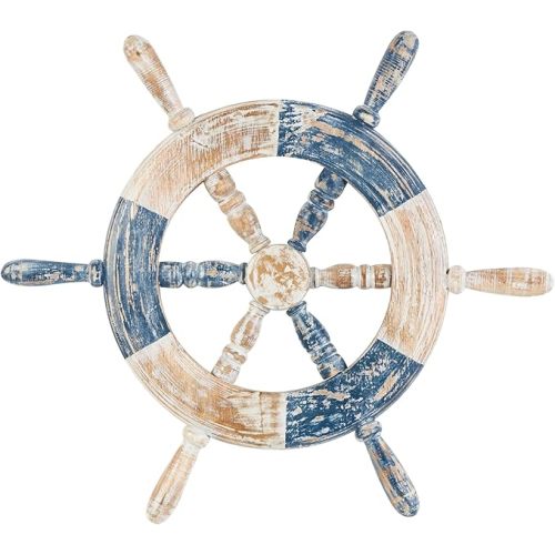 Deco 79 Wood Ship Wheel Home Wall Decor Distressed Two-Toned Wall Sculpture with Brown Accents, Wall Art 19" x 2" x 22", Blue