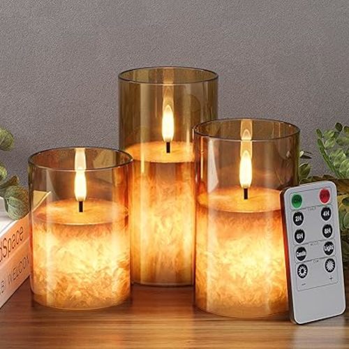 Ice Crystal Real Wax Glass Flameless Candles with Remote & Timer, Battery Operated Candles with Warm Flickering Flame, Realistic LED Candle for Wedding Home Decor [D3×H4/5"/6"] Gold, 3Pack