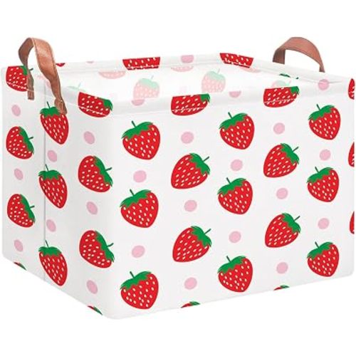 NTAOHAMPER Rectangular Storage Basket with Handles, Cotton Canvas Fabric, Strawberry Pattern, Room Decor, Gift Basket, Book Box