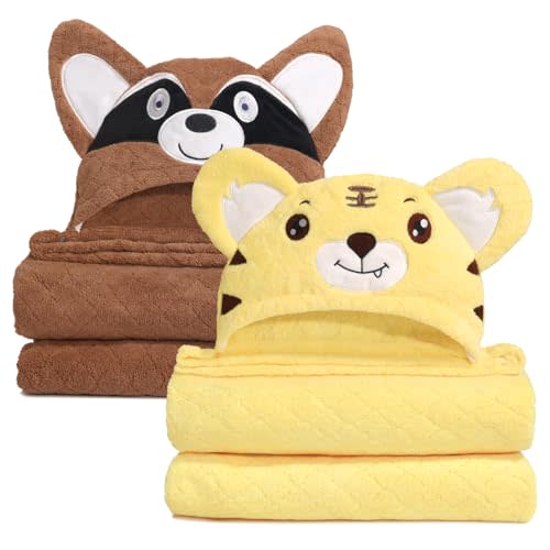 WODHOY Toddler Towels with Hood, 2 PCS Kid Bath Towel with Animal Hooded for 0-5 Years,Super Soft Premium Coral Fleece Luxuriously Thick and Plush with Large Size 50"x32", Brown Bear& Yellow Tiger