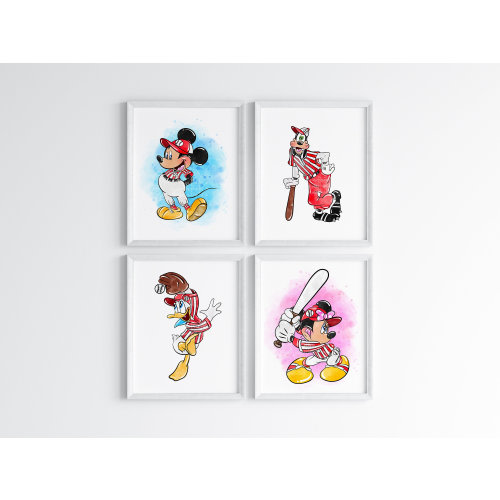 Mickey Minnie Baseball Wall Prints Set Of 4 / Goofy Donald Baseball / Baseball Wall Prints / Baseball Mickey Minnie Home Decor / Digital