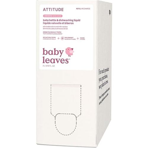 ATTITUDE Baby Dish Soap and Bottle Cleaner, EWG Verified Dishwashing Liquid, No Added Dyes or Fragrances, Tough on Milk Residue and Grease, Vegan, Vegan, Unscented, Bulk Refill, 67.6 Fl Oz