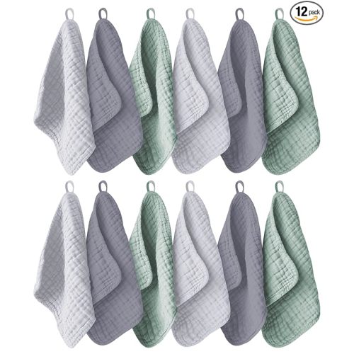 Ease Cubs 12 Pack Muslin Washcloths for Baby - 100% Cotton Baby Wash Cloths for or Baby Face Body Comfy and Soft for Newborn Infants Kids Girls and Boys - 12"x12" - Grey, Green and Slate
