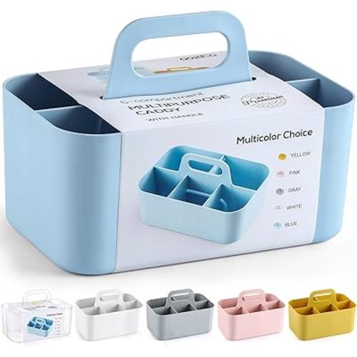 Multiuse Caddy Organizer with Handle - Stackable Plastic Tote Bin - Art Craft Supplies, Office, Desk, Stationery Pen Holder, Kitchen, Utensil, Makeup, Bathroom, Shower, Cleaning, Dorm Organizer - Blue