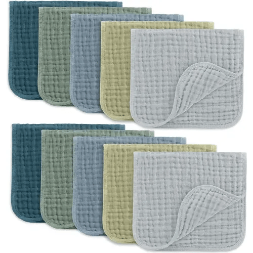 Comfy Cubs Muslin Burp Cloths 20" x 10", Pack of 10 - Large, 6-Layer, Ultra Absorbent 100% Cotton for Baby Drool and Messes - Soft, Safe & Gentle Baby Burp Cloths for Boys & Girls - Multi Boy
