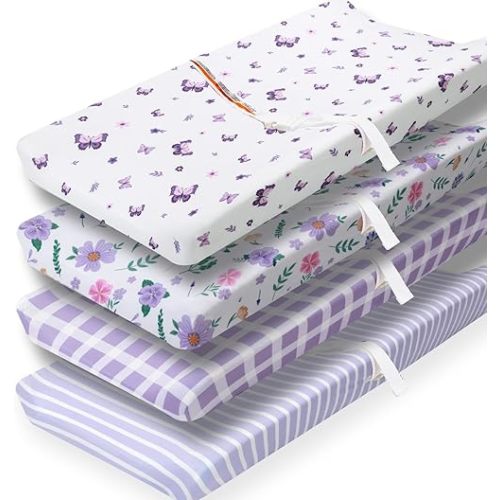 4 Pack Butterfly Baby Crib Sheets for Baby Girls Purple Crib Fitted Sheets for Standard Size Crib and Toddler Mattress Soft and Breathable (Changing Pad)