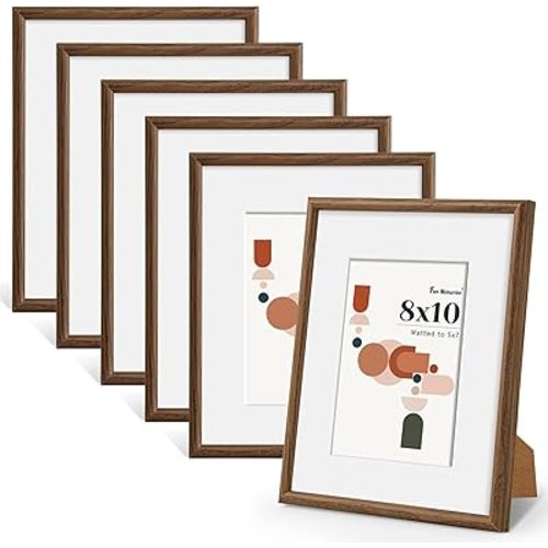 Fun Memories 8x10 Picture Frame Set of 6, Display Pictures 5x7 with Mat or 8x10 Without Mat, 8x10 Picture Frame with HD Plexiglass, Wall or Tabletop Display, Wall Hook Included, Walnut