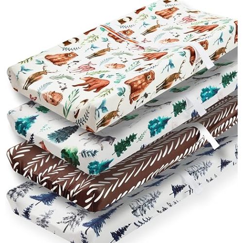 4 Pack Changing Pad Covers Woodland Forest Animals Wood Neutral Unisex Fitted Baby Changing Pad Cover Set for Baby Boys or Girls