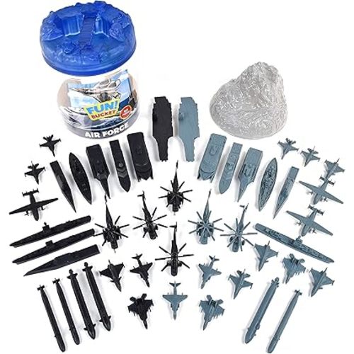 Military Air Force Bucket – 47 Assorted Battleships and Accessories Toy Play Set for Kids, Boys and Girls | Plastic Boat and Plane Figures with Storage Container