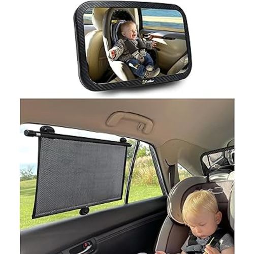 EcoNour Car Window Shades for Windows (2 Pack) + EcoNour Baby Car Mirror - 11.5"x7.5" | Shade Automotive Interior Sun Protection |360 Degree Rotatable Shatterproof Baby Mirror for Car