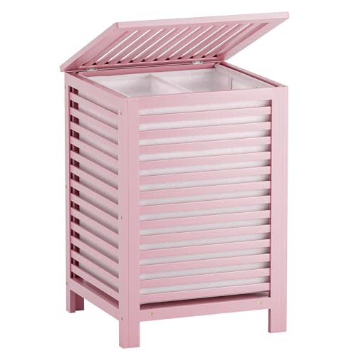 SMIBUY Double Laundry Hamper with Lid, 120L Bamboo Laundry Basket with Removable Liner Bag, 2-Section Clothes Divider Laundry Sorter for Laundry Room, Bathroom, Bedroom (Pink)