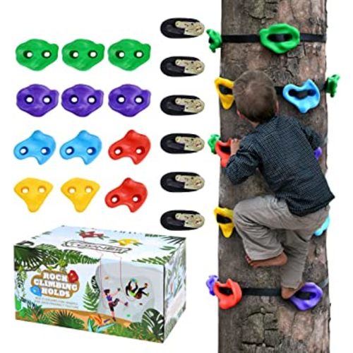 TOPNEW 12 Ninja Tree Climbing Holds for Kids Climber, Adult Climbing Rocks with 6 Ratchet Straps for Outdoor Ninja Warrior Obstacle Course Training