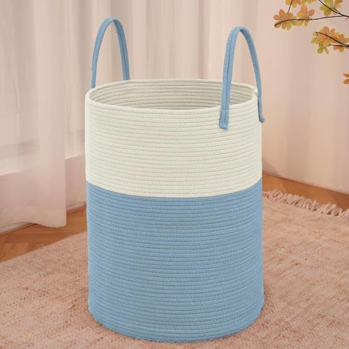 Large Woven Laundry Basket Hamper,80L Cotton Rope Storage Bin for Blankets,Toys and Clothes,Decorative Tall Nursery Hamper for Living Room,Baby Nursery,Bathroom and Bedroom,White and Blue