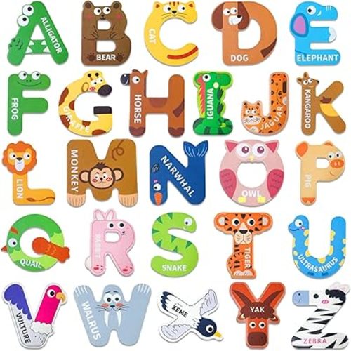 Wooden Magnetic Alphabet Fridge Magnets with Colorful Animal Designs for Toddlers & Kids Ages 3-5 - Great for Home and Classroom Letter Recognition & Spelling Practice - Ideal Preschool Gift