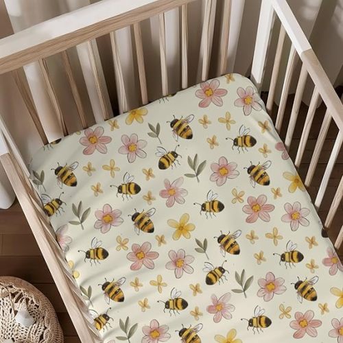 Spring Bee Flowers Leaves Pattern Baby Sheets for Crib, Unisex Cute Bee Prints Nursery Fitted Bed Sheet for Boys Girls Standard Crib and Toddler Mattress-28x52