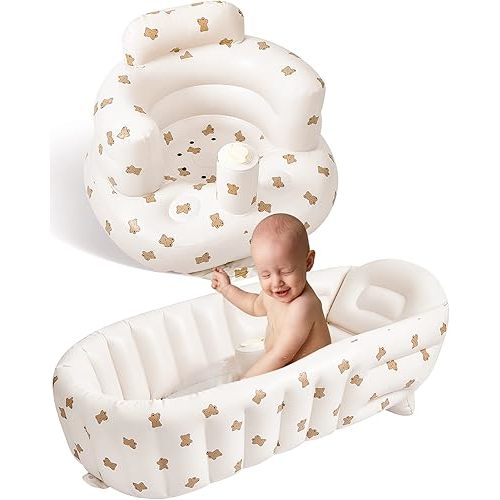 2 Pack Baby Inflatable Seat and Inflatable Baby Bathtub for Babies 3-36 Months with Built in Air Pump Infant Back Support Sofa Newborn to Toddler Bath Tub Portable Travel Shower Basin (Cute Bear)