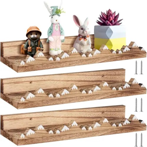 Wenqik 3 Pcs Snow Mountain Floating Shelves Wood Nursery Book Shelves Nursery Floating Shelves Wall Mounted Rustic Wooden Picture Ledge Shelf Floating Book Shelves for Kids Room (Light Brown)