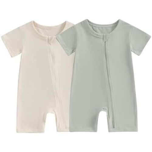 Merqwadd Baby Boy Girl 2 Pack Romper Short Sleeve Zipper Jumpsuit Plain Summer Clothes