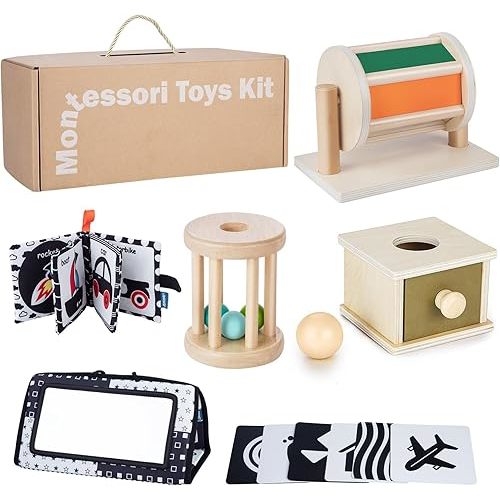 Montessori Toys for Babies 0-6 Months, 6 in 1 Learning Educational Set for for Newborn, Toddlers Gifts Includes Spinning Drum, Object Permanence Box, Baby Roller Tummy Time Mirror and More