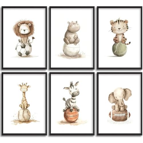 Baby Boy Animals Nursery Wall Art Sport Theme Nursery Painting Picture Wall Decor Cute Lion Hippo Tiger Giraffe Zebra Elephant Sports Poster Print Artwork for Children Room Home Decoration