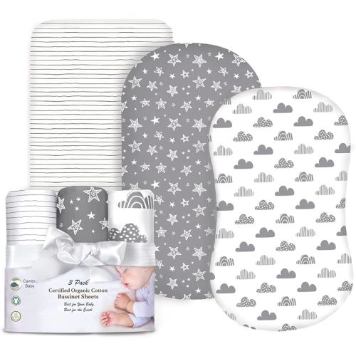 100% Organic Cotton Fitted Bassinet Sheets Perfectly Compatible with Halo, Snoo, Graco, and All Other Standard Size Bassinets. 3 Pk Adapts to Oval, Hourglass & Rectangle Shaped Bassinet Pads. Gray
