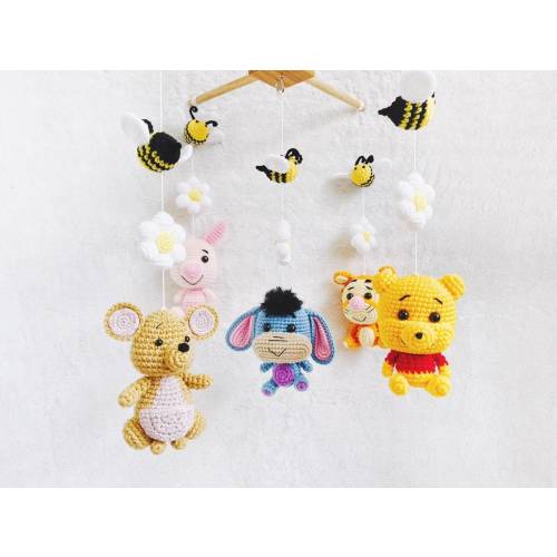 Winnie the Pooh Mobile, pooh bear woodland mobile, crochet mobile, Baby Crib Mobile, Nursery mobile