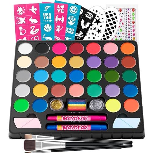 Maydear Face Painting Kit for Kids, 32 Colors Water Based Makeup Palette with Stencils, Glitters, Rainbow Split Cake, Hair Dye Clips, for Parties, Halloween, Safe Professional Face Body Paint Kit