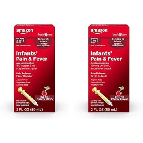 Amazon Basic Care Infants' Pain & Fever, Acetaminophen 160 mg per 5 mL, Suspension Liquid, Dye-Free Cherry Flavor, 2 fl oz (Pack of 2)