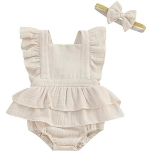 MERSARIPHY Newborn Baby Girl Summer Outfit Linen Ruffle Bubble Romper Dress One Piece Bodysuit Jumpsuit Infant Summer Clothes