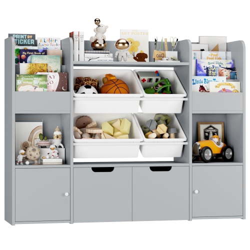 Hiphuta Kids Bookcase Toy Storage Organizer, Wooden Toy Organizer of 4 Bins& 2 Removable Drawers for Home Bedroom, Kids Bookshelf Toy Box with Book Rack, Gray